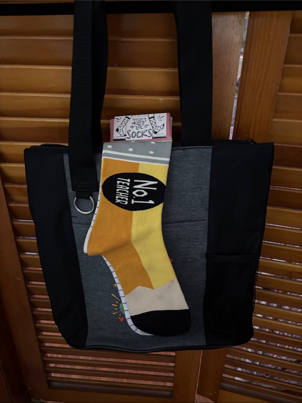Teacher Tote Bag - Black/Grey Canvas Shoulder Bag with Teacher Socks - Picture 2 of 11